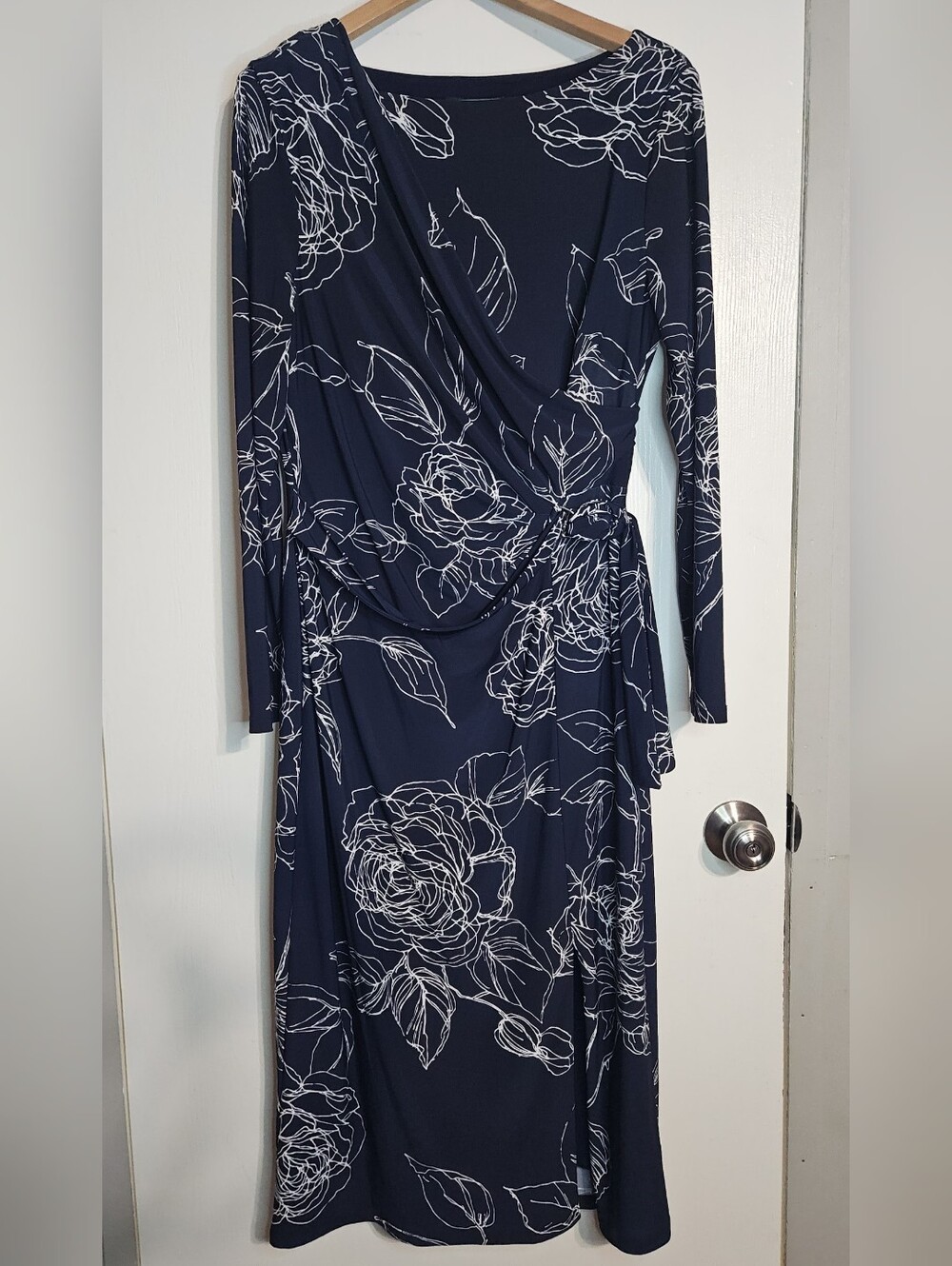 Ralph Lauren Navy and White Floral Wrap-Style Long Sleeve Dress
